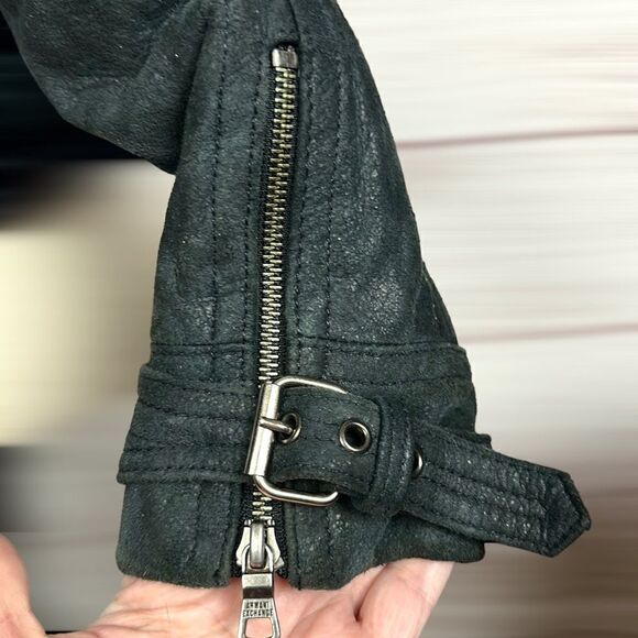 Armani Exchange Charcoal Leather Suede Moto Bomber Jacket Fur Collar Satin Back - Picture 11 of 15